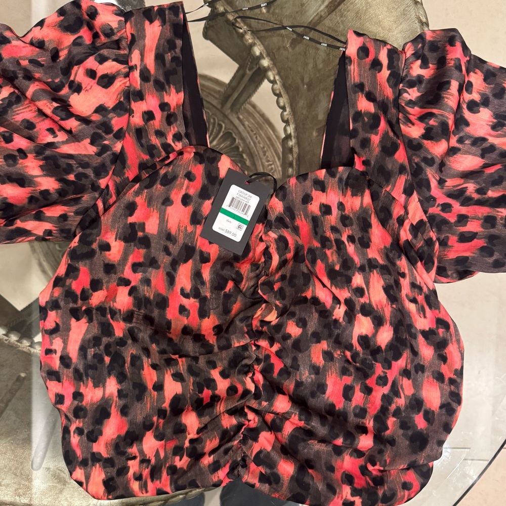 Dkny Pink and Black Ruched Puff Sleeve Blouse